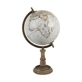 Antik krém alapszínű, 22 cm átmérőjű és 37 cm magas, vintage stílusú földgömb mangófa talapzaton.